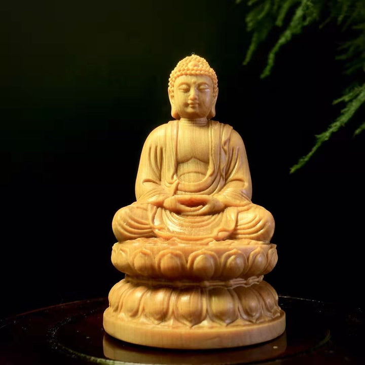 Cliff Cypress Wood Carving of Shakyamuni Buddha Meditation Calm Wellness Protection  Home Living Room Ornament - BuddhaEnergyHealing