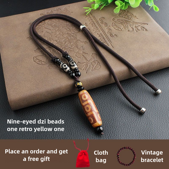 Tibetan Nine-Eyed Dzi Bead Natural Agate Vintage Ethnic Style Pendant Wealth Energy Necklace - BuddhaEnergyHealing