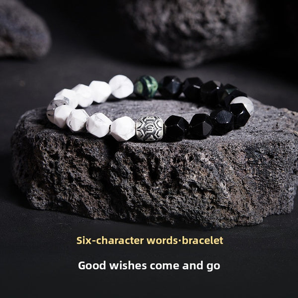 999 Pure Silver Six-Character Mantra Diamond-Shaped Obsidian White Turquoise Beaded Bracelet