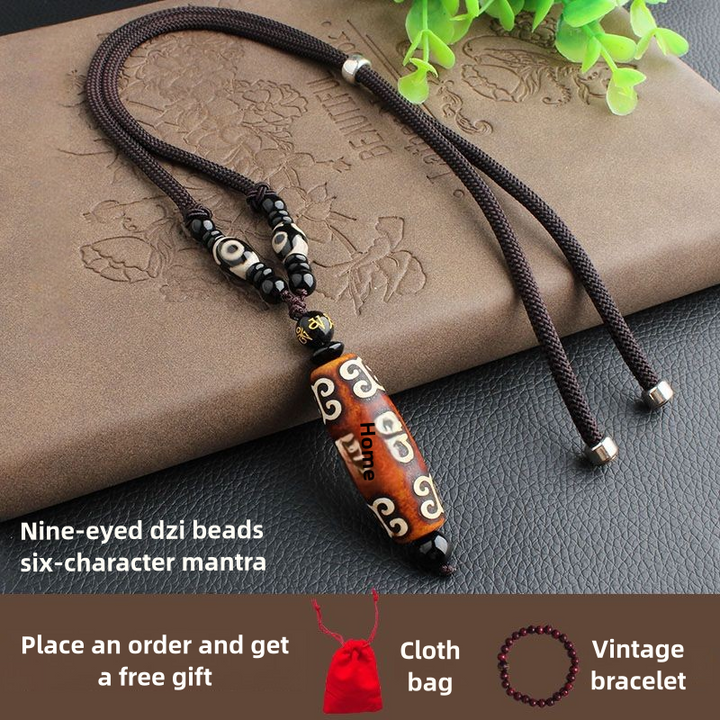 Tibetan Nine-Eyed Dzi Bead Natural Agate Vintage Ethnic Style Pendant Wealth Energy Necklace - BuddhaEnergyHealing