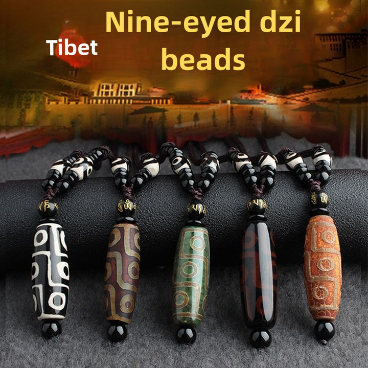 Tibetan Nine-Eyed Dzi Bead Natural Agate Vintage Ethnic Style Pendant Wealth Energy Necklace - BuddhaEnergyHealing