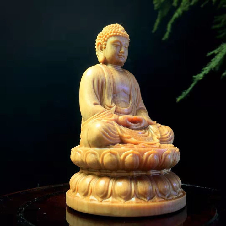 Cliff Cypress Wood Carving of Shakyamuni Buddha Meditation Calm Wellness Protection  Home Living Room Ornament - BuddhaEnergyHealing