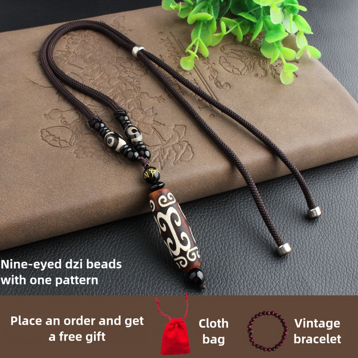 Tibetan Nine-Eyed Dzi Bead Natural Agate Vintage Ethnic Style Pendant Wealth Energy Necklace - BuddhaEnergyHealing