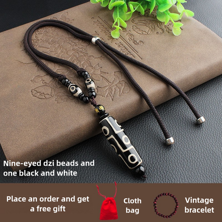 Tibetan Nine-Eyed Dzi Bead Natural Agate Vintage Ethnic Style Pendant Wealth Energy Necklace - BuddhaEnergyHealing