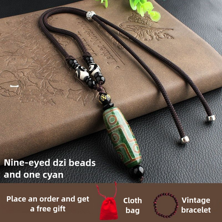 Tibetan Nine-Eyed Dzi Bead Natural Agate Vintage Ethnic Style Pendant Wealth Energy Necklace - BuddhaEnergyHealing