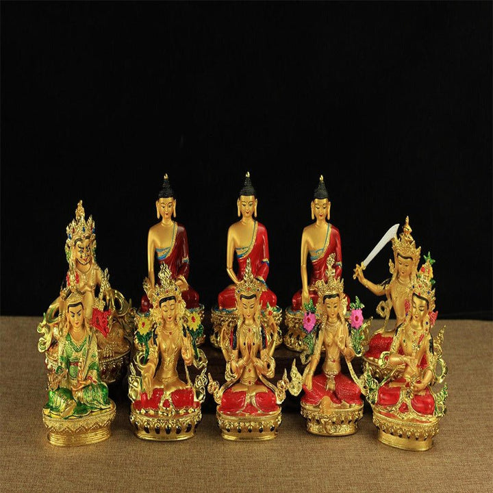 Alloy Painted Three Treasures Manjushri Four - Armed Padmasambhava White Green Tara Vajra Buddha Statue - BuddhaEnergyHealing
