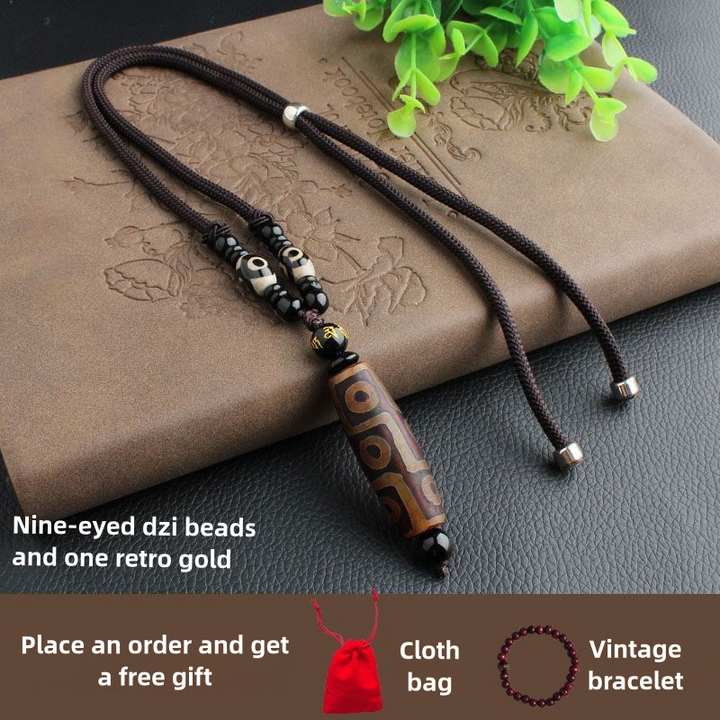 Tibetan Nine-Eyed Dzi Bead Natural Agate Vintage Ethnic Style Pendant Wealth Energy Necklace - BuddhaEnergyHealing