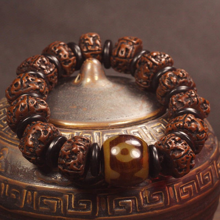 Big Rudraksha Beads with Three Eyes Tibet Beads Double Dragon Texture Beads Bracelet - BuddhaEnergyHealing