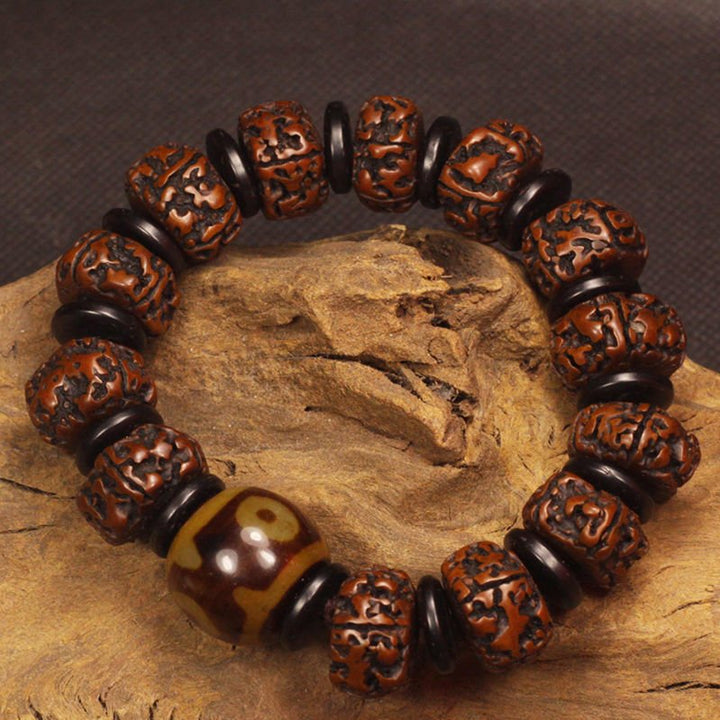 Big Rudraksha Beads with Three Eyes Tibet Beads Double Dragon Texture Beads Bracelet - BuddhaEnergyHealing