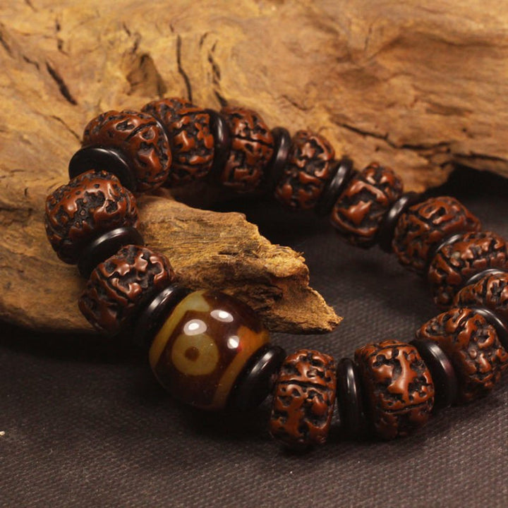 Big Rudraksha Beads with Three Eyes Tibet Beads Double Dragon Texture Beads Bracelet - BuddhaEnergyHealing