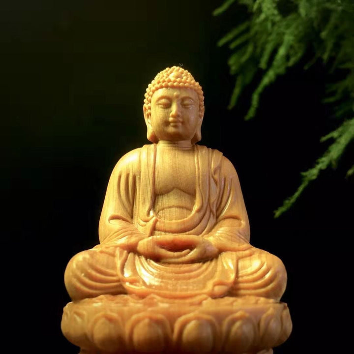 Cliff Cypress Wood Carving of Shakyamuni Buddha Meditation Calm Wellness Protection Home Living Room Ornament - BuddhaEnergyHealing