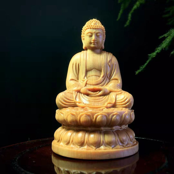 Cliff Cypress Wood Carving of Shakyamuni Buddha Home Living Room Ornament