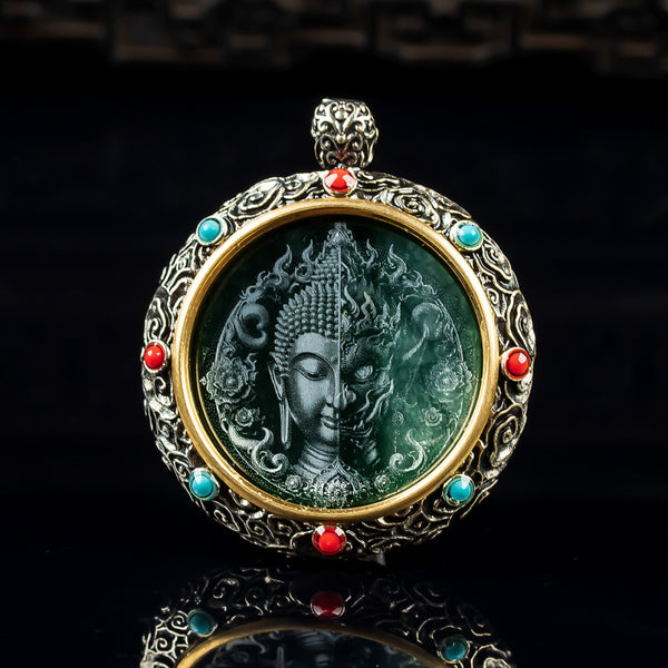 Natural Jadeite One Thought Between Tibetan Silver Wheel Style Inlaid Fine Craft High Ice Jade Pendant
