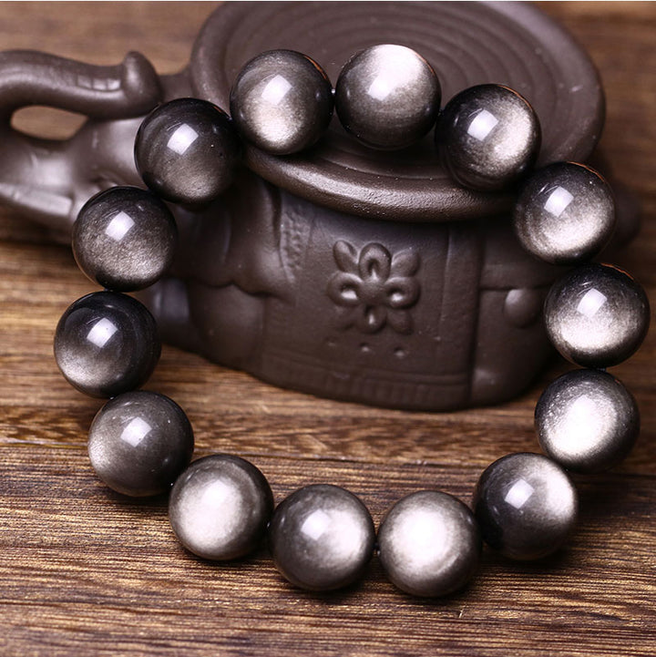 Premium Natural Double Round Eye Silver Obsidian Meteorite Bracelet - BuddhaEnergyHealing