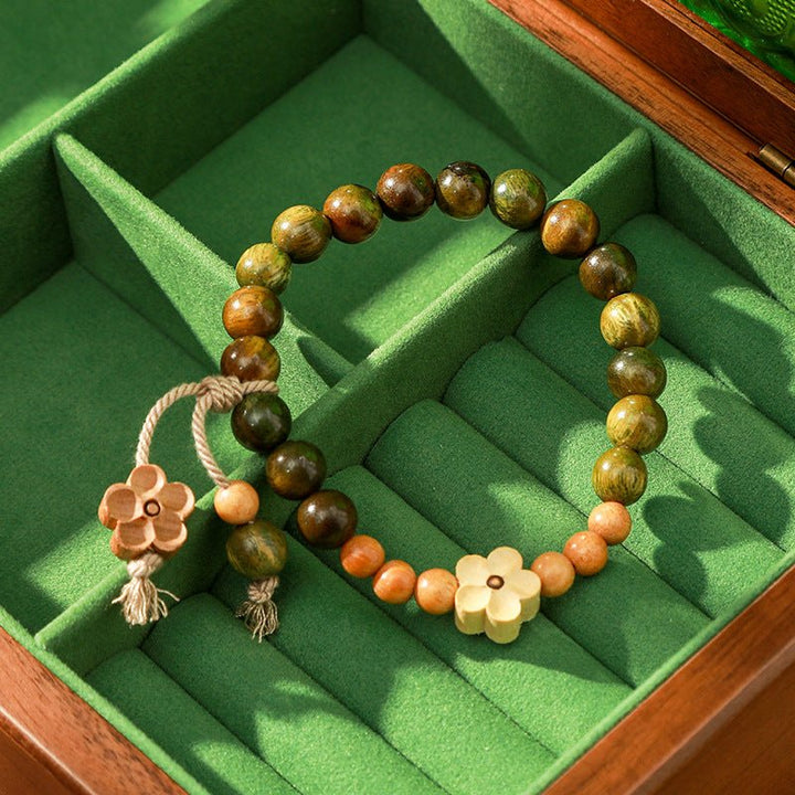 Green Sandalwood Five - Petal Flower Calm Bracelet - BuddhaEnergyHealing