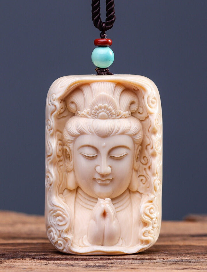Mammoth Tooth Carving Handmade Guanyin Protection Peace Meditation Energy Pendant - BuddhaEnergyHealing