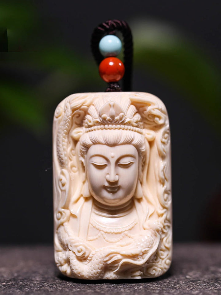 Mammoth Tooth Carving Handmade Guanyin Protection Peace Meditation Energy Pendant - BuddhaEnergyHealing