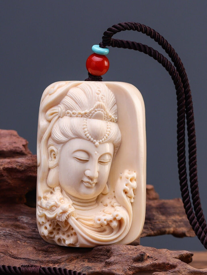 Mammoth Tooth Carving Handmade Guanyin Protection Peace Meditation Energy Pendant - BuddhaEnergyHealing