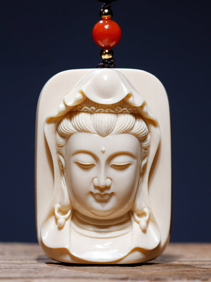 Mammoth Tooth Carving Handmade Guanyin Protection Peace Meditation Energy Pendant - BuddhaEnergyHealing