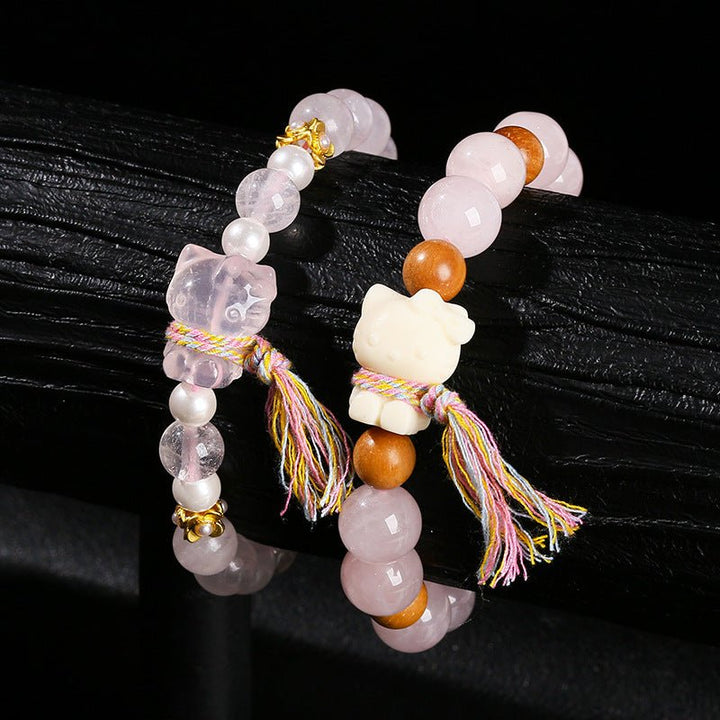 Natural Rose Quartz Crystal Hello Kitty Tassel Love Bracelet - BuddhaEnergyHealing