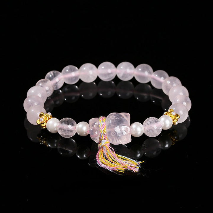 Natural Rose Quartz Crystal Hello Kitty Tassel Love Bracelet - BuddhaEnergyHealing