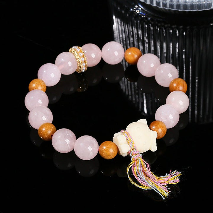 Natural Rose Quartz Crystal Hello Kitty Tassel Love Bracelet - BuddhaEnergyHealing