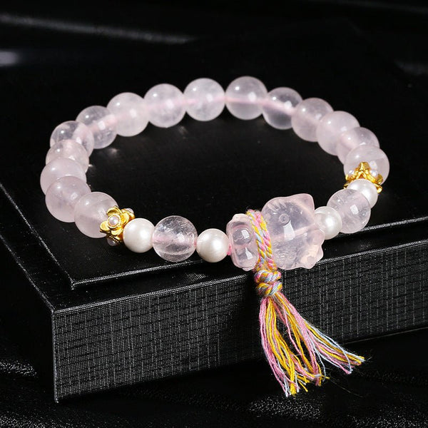 Natural Rose Quartz Crystal Hello Kitty Tassel Love Bracelet - BuddhaEnergyHealing