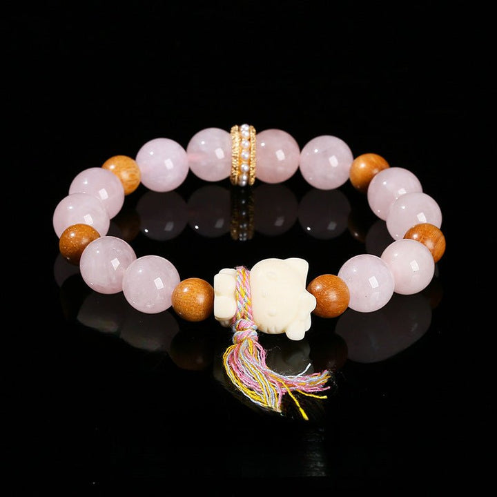 Natural Rose Quartz Crystal Hello Kitty Tassel Love Bracelet - BuddhaEnergyHealing