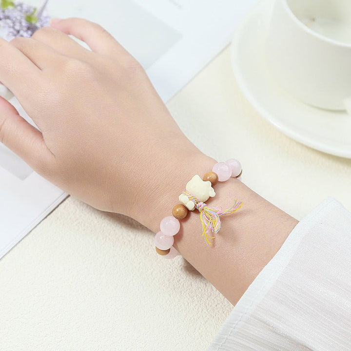 Natural Rose Quartz Crystal Hello Kitty Tassel Love Bracelet - BuddhaEnergyHealing