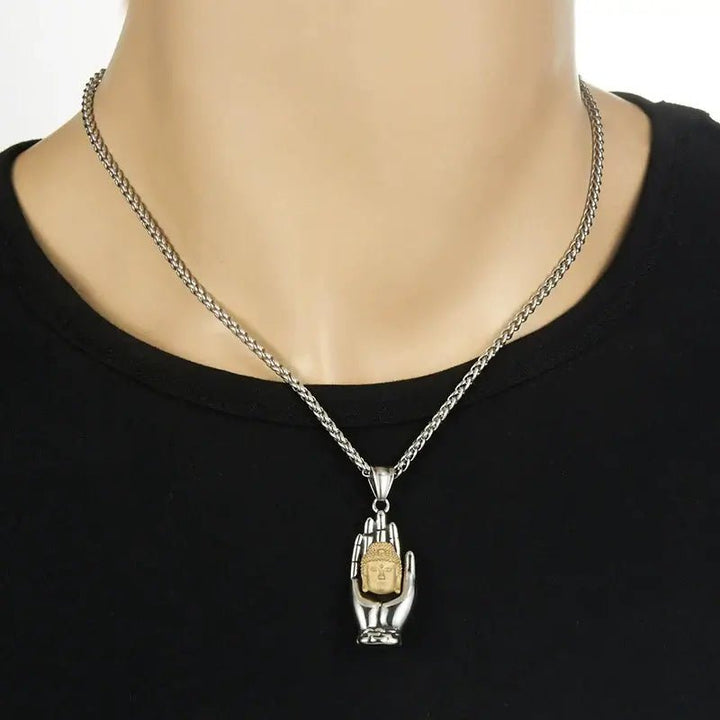 Retro Palm Buddha Titanium Steel Protection Peace Necklace - BuddhaEnergyHealing