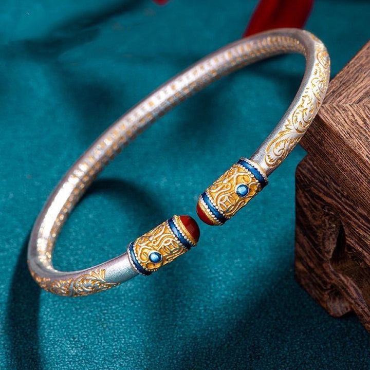 S9999 Sterling Silver Brocade Design Song Protection Wealth Calm Bracelet - BuddhaEnergyHealing