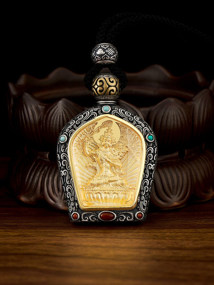 Tibetan Birth Buddha Pure Silver Agate Turquoise Protection Pendant - BuddhaEnergyHealing