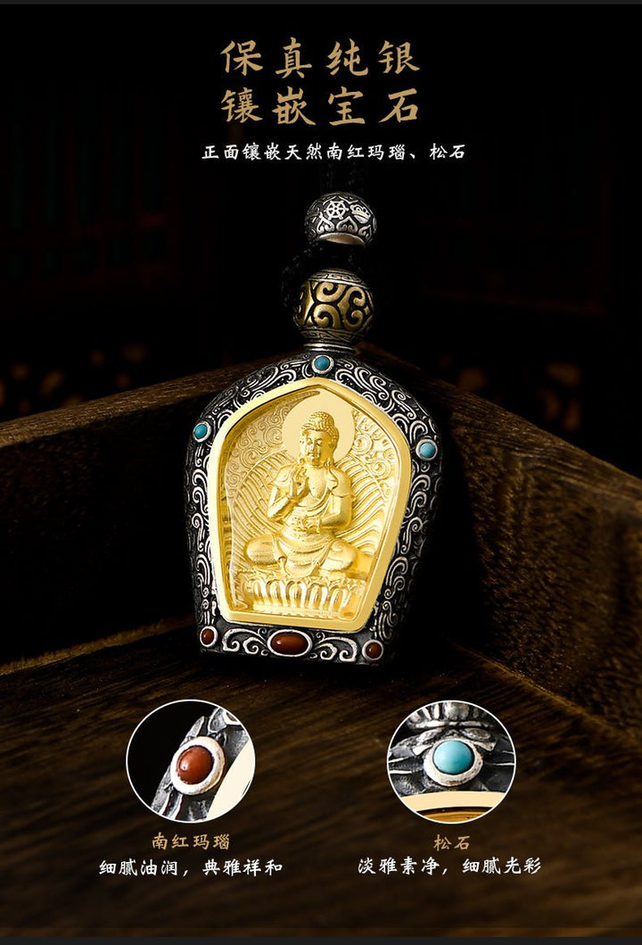 Tibetan Birth Buddha Pure Silver Agate Turquoise Protection Pendant - BuddhaEnergyHealing