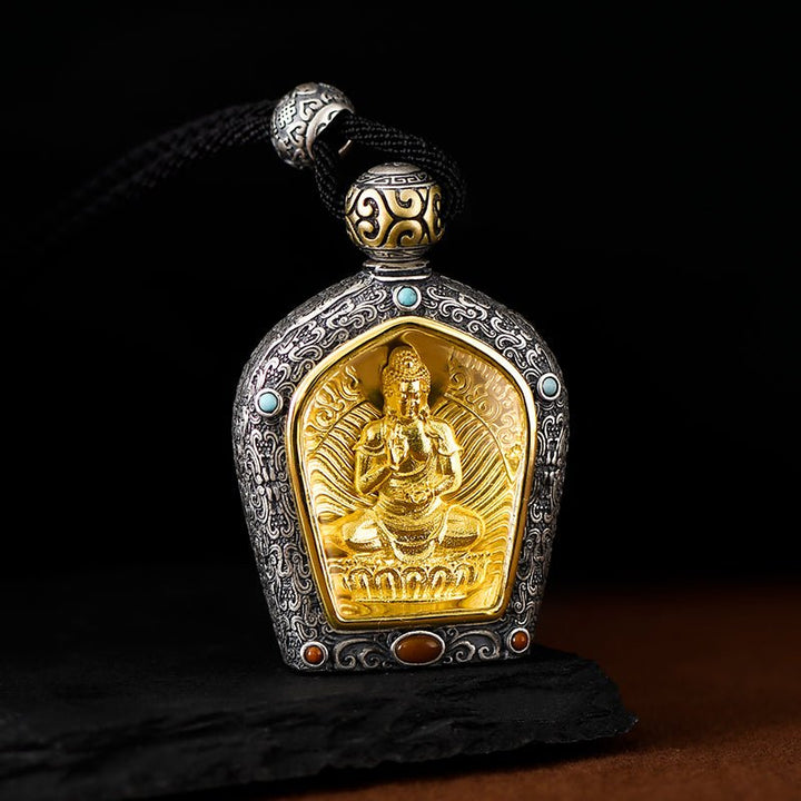 Tibetan Birth Buddha Pure Silver Agate Turquoise Protection Pendant - BuddhaEnergyHealing