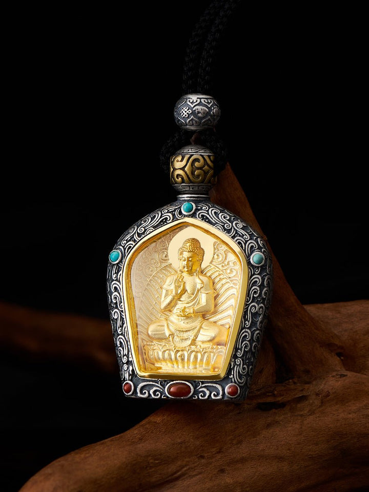 Tibetan Birth Buddha Pure Silver Agate Turquoise Protection Pendant - BuddhaEnergyHealing