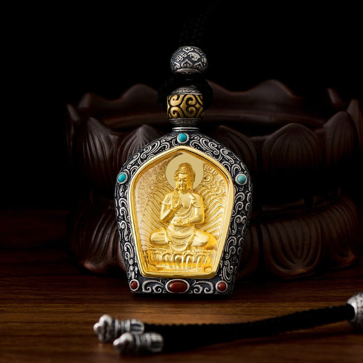 Tibetan Birth Buddha Pure Silver Agate Turquoise Protection Pendant - BuddhaEnergyHealing