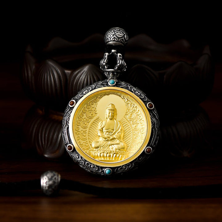 Tibetan Birth Buddha Pure Silver Agate Turquoise Protection Pendant - BuddhaEnergyHealing
