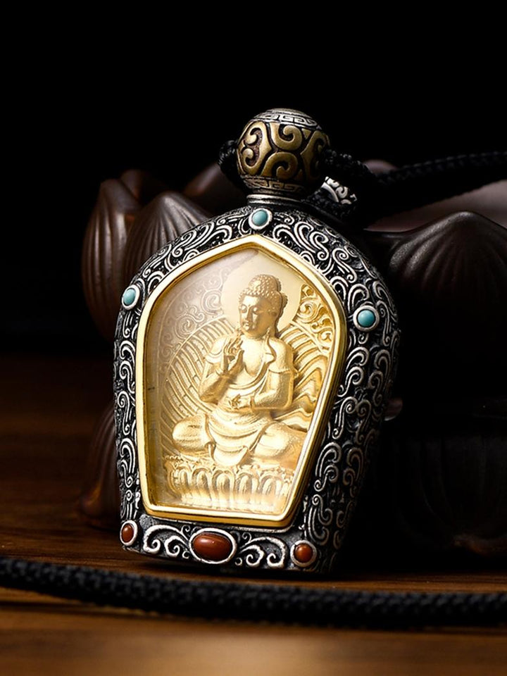 Tibetan Birth Buddha Pure Silver Agate Turquoise Protection Pendant - BuddhaEnergyHealing