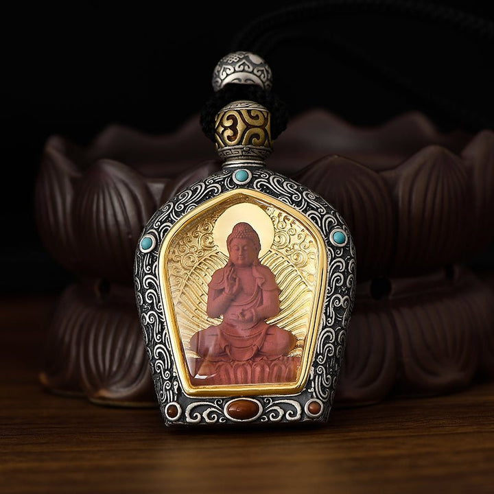 Tibetan Birth Buddha Pure Silver Agate Turquoise Protection Pendant - BuddhaEnergyHealing