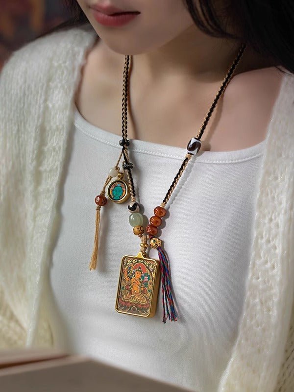 Tibetan Hand - Painted Thangka Pendant Protection Energy - BuddhaEnergyHealing