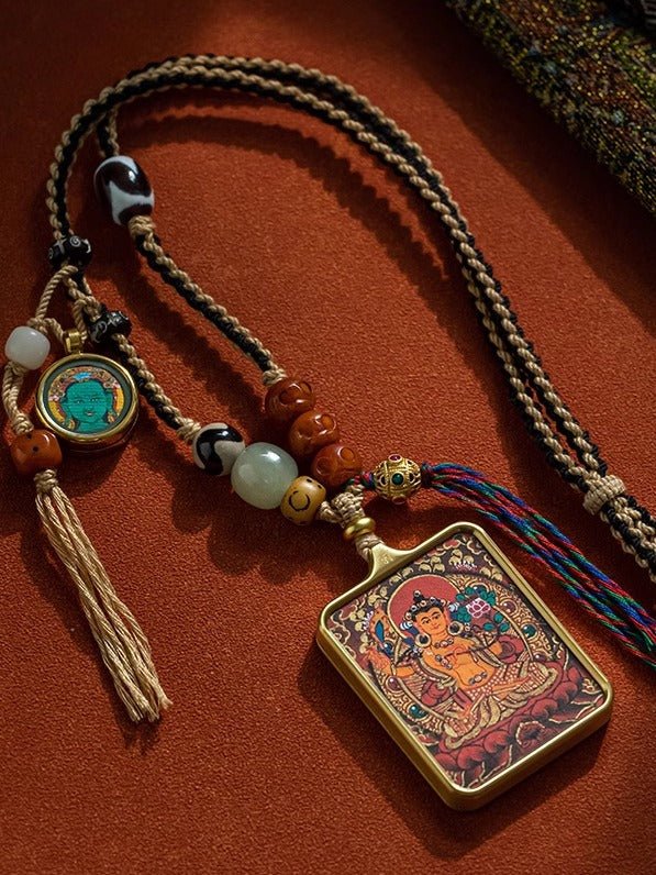 Tibetan Hand - Painted Thangka Pendant Protection Energy - BuddhaEnergyHealing