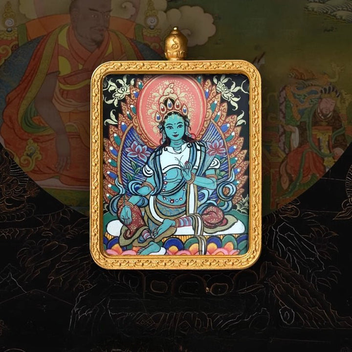 Tibetan Hand - Painted Zachilam Green Tara Bhaisajyaguru Healing Wellness Pendant - BuddhaEnergyHealing