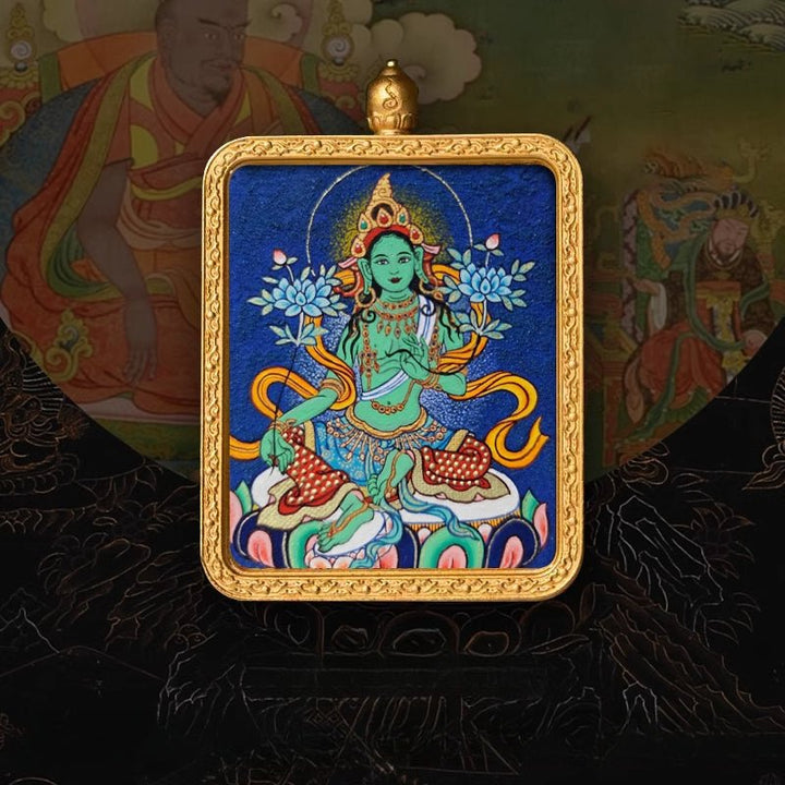 Tibetan Hand - Painted Zachilam Green Tara Bhaisajyaguru Healing Wellness Pendant - BuddhaEnergyHealing