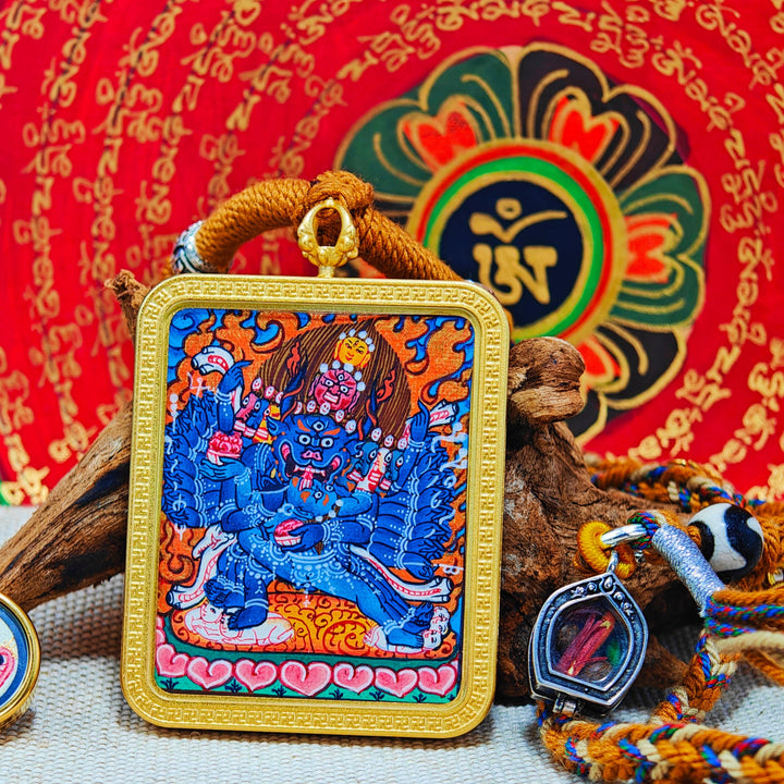 Tibetan Hand - painted Zaki Ram Medicine Buddha Yellow and Black Wealth God Thangka - BuddhaEnergyHealing