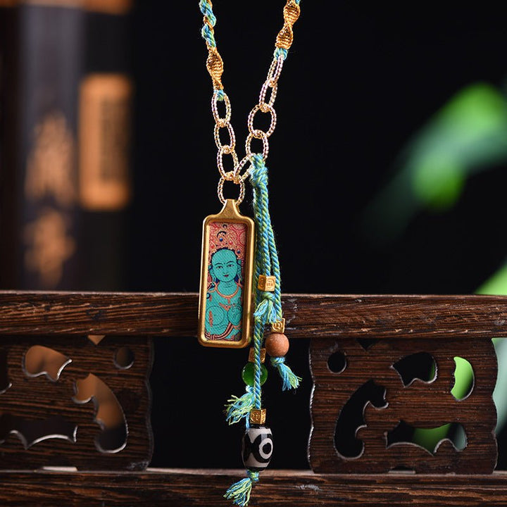 Tibetan Handmade Woven Hand - painted Thangka Pendant Necklace - BuddhaEnergyHealing