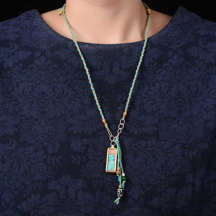 Tibetan Handmade Woven Hand - painted Thangka Pendant Necklace - BuddhaEnergyHealing