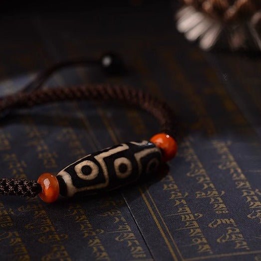 Tibetan Natural Handcrafted Polished Nine - Eyed Dzi Bead Wealth Energy Bracelet - BuddhaEnergyHealing