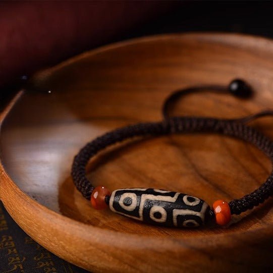 Tibetan Natural Handcrafted Polished Nine - Eyed Dzi Bead Wealth Energy Bracelet - BuddhaEnergyHealing