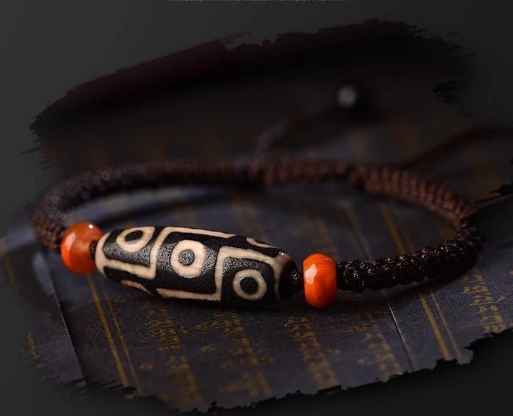 Tibetan Natural Handcrafted Polished Nine - Eyed Dzi Bead Wealth Energy Bracelet - BuddhaEnergyHealing