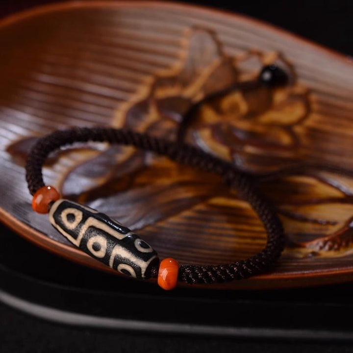 Tibetan Natural Handcrafted Polished Nine - Eyed Dzi Bead Wealth Energy Bracelet - BuddhaEnergyHealing
